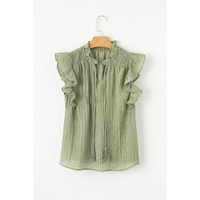 Meadow Mist Green V Neck Flutter Sleeve Textured Blouse - L thumbnail