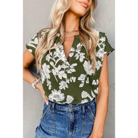 Green Floral Print Split Neck Short Sleeve Blouse - L thumbnail