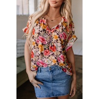 Pink Floral Print Crew Neck Short Sleeve Shift Blouse - L thumbnail