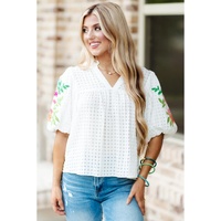 White Floral Embroidered Puff Sleeve Notched Neck Blouse - L thumbnail