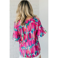 Rose Abstract Brushwork Print Buttoned V Neck Blouse - L thumbnail