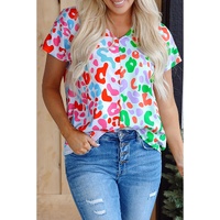 Green Contrast Leopard Print V Neck Short Sleeve Blouse - L thumbnail