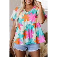 Pink Floral Print Bubble Sleeve V Neck Peplum Blouse - L thumbnail