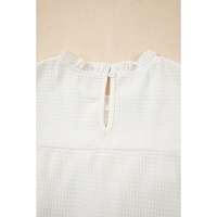 White Solid Color Ruffle Trim Waffle Knit Blouse - M thumbnail
