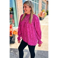 Rose Leopard Shirred Puff Sleeve Flowy Blouse - L thumbnail