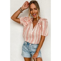 Red Frilled Short Puff Sleeve Mixed Print Blouse - L thumbnail