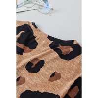 Light French Beige Leopard Folded Short Sleeve Buttoned V Neck Blouse - S thumbnail