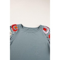 Medium Grey Floral Crochet Short Sleeve Top - M thumbnail
