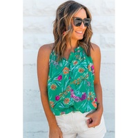 Bright Green Floral Print Buttoned Neckline Tank Top - XL thumbnail