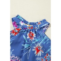 Sky Blue Floral Print Buttoned Neckline Tank Top - L thumbnail
