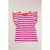 Rose Red Striped Ruffle Sleeve Crew Neck Blouse - M thumbnail