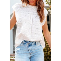 White Lace Neckline Flutter Sleeve Eyelets Blouse - XL thumbnail