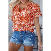 Orange Floral Print Ruffled Short Puff Sleeve Split Neck Blouse - 2XL thumbnail