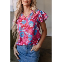 Rose Red Ruffled Sleeve Floral Blouse - L thumbnail