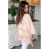 Pink Flower Patchwork Exposed Seam Oversized High Low Top - L thumbnail