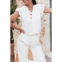 White Embroidered Ruffle Trim Textured Blouse - M thumbnail