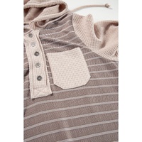 Gray Textured Knit Colorblock Striped Henley Hooded Top - S thumbnail