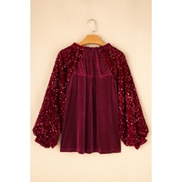 Red Dahlia Sequin Patchwork Sleeve Button Up Velvet Top - L thumbnail