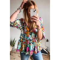 Multicolour Floral Print Bubble Sleeve V Neck Ruffled Blouse - XL thumbnail