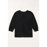 Black Waffle Knit Side Slits Loose Fit V Neck Top - S thumbnail