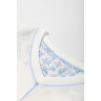 White Abstract Floral Patchwork Batwing Sleeve V Neck Blouse - S thumbnail