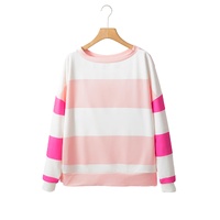 Light Pink Colorblock Striped Drop Shoulder Long Sleeve Top - L thumbnail