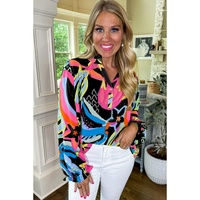 Black Abstract Print Ruffled Sleeve Buttoned V Neck Blouse - M thumbnail