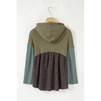 Laurel Green Mixed Textured Colorblock Patchwork Wide Sleeve Frayed High Low Hooded Top - L thumbnail