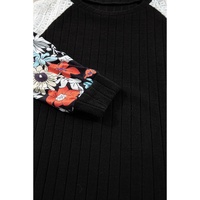 Black Floral Patchwork Long Sleeve Ribbed Blouse - 2XL thumbnail