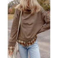 Breen Plaid Patchwork Knotted Hem High Neck Blouse - M thumbnail
