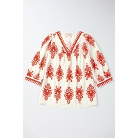 Orange Vintage Geometric Printed 3/4 Sleeve V Neck Blouse - M thumbnail