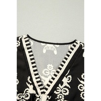 Black Vintage Geometric Printed 3/4 Sleeve V Neck Blouse - M thumbnail