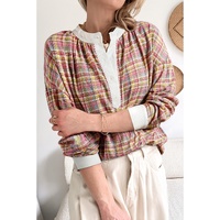 Pink Colorblock Plaid Patchwork Henley Blouse - L thumbnail
