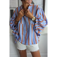 Sky Blue Stripe Crinckled Ruffled Sleeve Button up Loose Shirt - L thumbnail