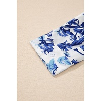 Sky Blue Floral Print Notched Neck Elegant Blouse - L thumbnail