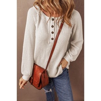 Oatmeal Waffle Knit Buttoned Front Raglan Sleeve Loose Blouse - L thumbnail