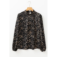 Black Leopard Print Lantern Sleeve Mock Neck Pleated Blouse - L thumbnail