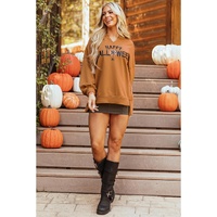 Chestnut Sequin Happy Halloween Graphic Notched Neck Long Sleeve Loose Top - 2XL thumbnail