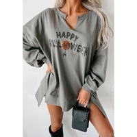 Medium Grey Sequin Happy Halloween Graphic Notched Neck Long Sleeve Loose Top - 2XL thumbnail