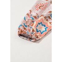 Coffee Ruffled Floral Sleeve Patchwork Waffle Knit O Neck Blouse - L thumbnail