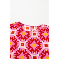 Strawberry Pink Geometric Print Shirred Cuff 3/4 Sleeve Loose Blouse - L thumbnail