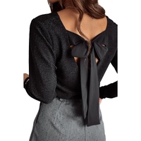 Black Metallic Bowknot Open Back V Neck Top - L thumbnail