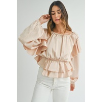 Oatmeal Lace-up Keyhole Back Ruffled Peplum Blouse - L thumbnail