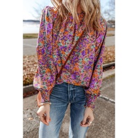 Purple Floral Allover Print Shirred Cuff Frilled O Neck Blouse - L thumbnail