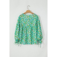 Green Abstract Printed Lace-up Lantern Sleeve Babydoll Blouse - L thumbnail