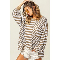 Khaki Checkerboard Striped Patchwork Lantern Sleeve Pocketed Blouse - L thumbnail