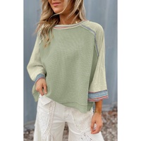 Meadow Mist Green Waffle Knit Wide Bracelet Sleeve Patchwork Raglan Top - L thumbnail