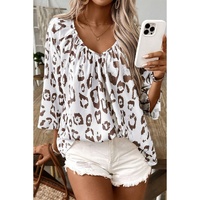 Khaki Leopard Print Ruched V Neck 3/4 Sleeve Blouse - S thumbnail