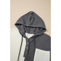 Dark Grey Waffle Colorblock Buttons Placket Drop Shoulder Drawstring Hoodie - M thumbnail