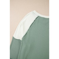 Mint Green Ribbed Colorblock Patchwork Raglan Long Sleeve Top - L thumbnail